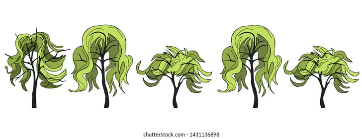 Border from trees with crowns in the form of female hair. Border pattern for natural decor. Creative trees with trendy haircuts for web design