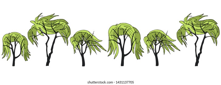 Border from trees with crowns in the form of female hair. Border pattern for natural decor. Creative trees with trendy haircuts for web design