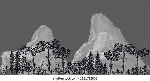 border from trees and mountains on grey background