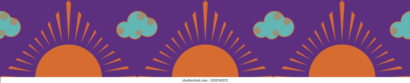 Border with triangle sun and clouds in orange and violet colors