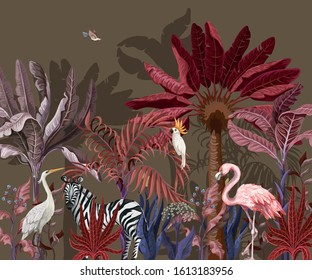 Border with tropical animals in jungle. Vector.