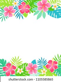 Border of tropical flowers and leaves for card design template