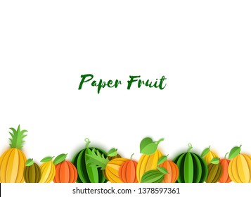 Border of tropical fruits in paper cut style. Origami citrus orange, tangerine, pineapple, lime, lemon, grapefruit, melon, watermelon, kiwi with leaf in origami art. Vector card illustration.