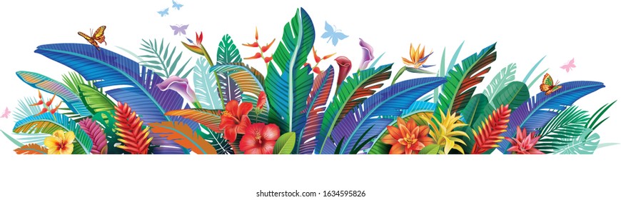 Border with tropical jungle plants and flowers