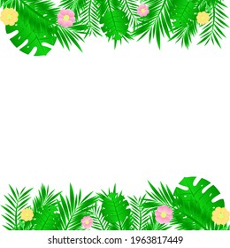 border of tropical leaves and flowers of different colors above and below with a place for text in the middle