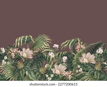 Border with tropical leaves, plants and flowers. Vector