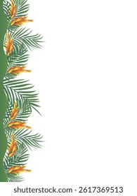 Border of tropical palm and monstera leaves with exotic flowers. Botanical decorative vector illustration for invitation card, postcards and banners. Hand drawn