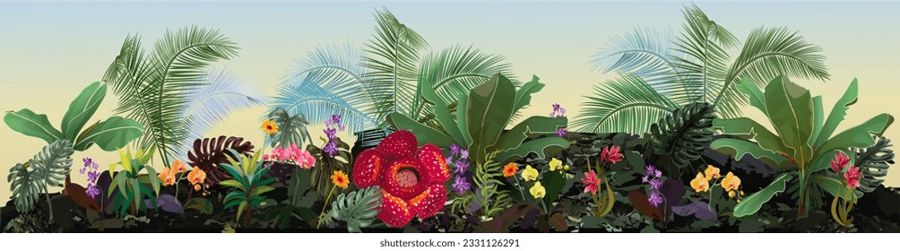 Borde con plantas tropicales: banano, monstera, bambú, dracaena, rafflesia, flores de orquídea, cocoteros. Vista panorámica, ilustración botánica realista en el estilo acuarela sobre fondo claro