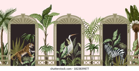 Borde con árboles tropicales, animales y puertas abiertas al jardín. Impresión interior de diseño