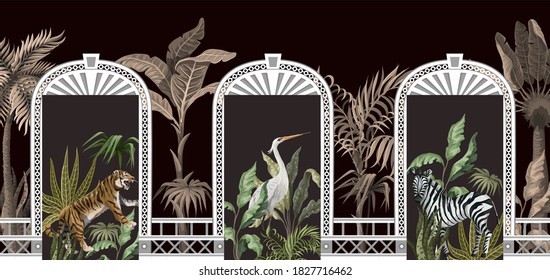 Border with tropical trees, animals and door openings in a garden style. Trendy interior print.