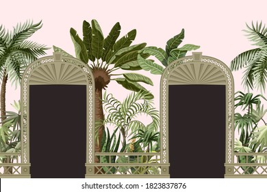 Borde de árboles tropicales y aberturas de puertas en estilo jardín. Impresión interior de diseño.
