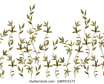 Border with twigs and leaves in hand drawn style on white.Trendy floral background.Vector seamless pattern for fashion prints.