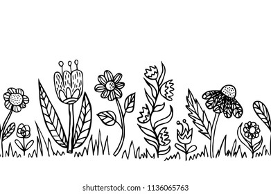 Border with twigs and leaves in hand drawn style on white.Trendy floral background.Vector seamless pattern for fashion prints.