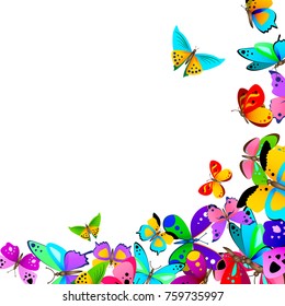 Border with various colorful vector butterflies isolated on white background.