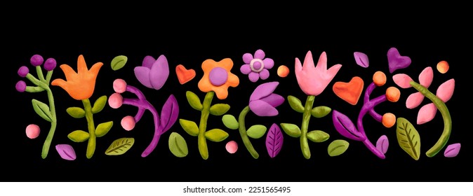 die verschiedenen Blumen, Blätter, Kräuter und Plastikherzen. Farbiger Plastikton, 3D-Illustration auf schwarzem Hintergrund, süßer Teig