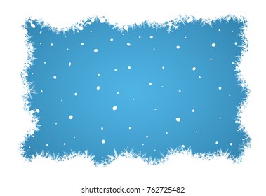 Border from various snowflakes on blue background.