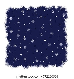 Border with various snowflakes on dark blue background.