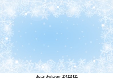Border of various snowflakes on light background.