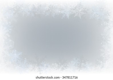 Border of various snowflakes on light grey background.