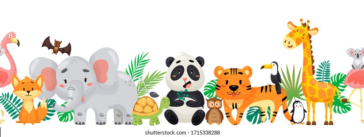 Border of vector cute wild animals with tropical leaves. Flamingo, owl, bet, koala, toucan, fox, panda, tiger, giraffe, penguin. Illustration on white isolated background.