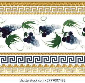 Border vector seamless pattern from blue grapes and golden classical friezes on a white background 