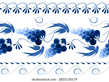 Border vector seamless pattern from blue colored grapes and leaves on a white background 