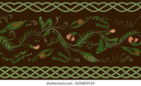 Border vector seamless pattern from pea plant, green braids frieze on a dark brown background