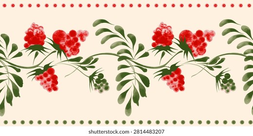 Border vector seamless pattern from pink raspberry and green leaves on a beige background 