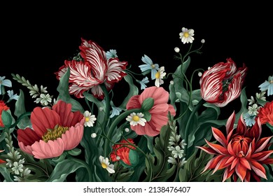 Border with vintage flowers such as tulip, poppies and chamomiles. Classical vector wallpaper