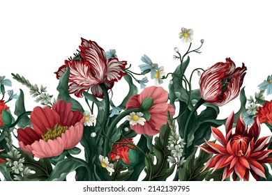 Border with vintage flowers such as tulip, poppies and chamomiles. Classical vector wallpaper