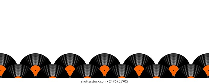 Border with vinyl records. Repeated LP or long play music discs icons isolated on white background. 70s 80s 90s discotheque or techno party design. Vector flat illustration.