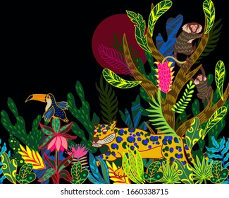Border with vivid jungle and wild animals, abstract background.
