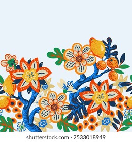 Border with vivid simple flowers and lemons. Vector