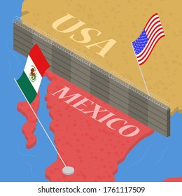 Border Wall Between Mexico And The United States Of America Immigration And Emigration Concept 3d Isometric View. Vector Illustration