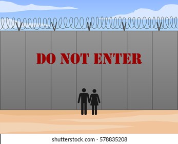 Border wall between United States and Mexico with do not enter sign in English vector illustration