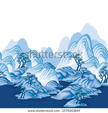 Border with watercolour Chinese mountains. Vector