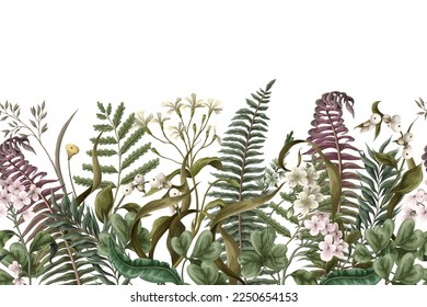 Border with white flowers, berries, fern and leaves. Botanical illustration. Vector.