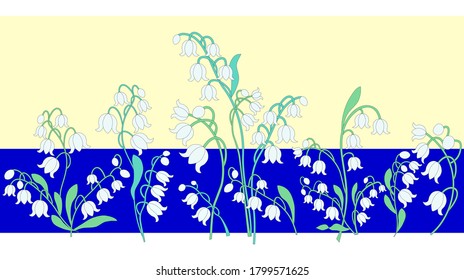 Border of white lilies of the valley on a blue and yellow background, hand-drawn, separate objects for making bouquets, for embroidery, for printing cards, stickers, for wedding invitations