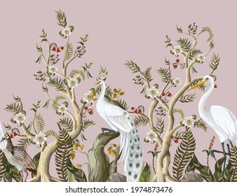Border with white peacocks and peonies trees in chinoiserie style. Vector