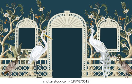 Border with white peacocks and peonies trees in chinoiserie style. Vector