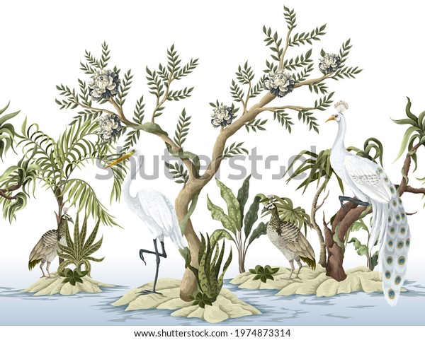 Border with white peacocks and peonies trees in\
chinoiserie style.\
Vector
