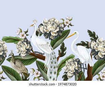 Border with white peacocks and peonies. Vector