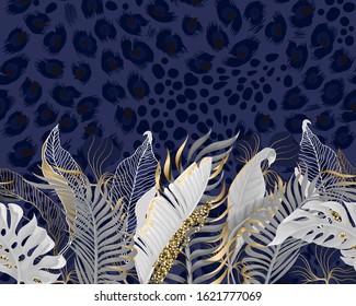 Border with white tropical  leaves with gold elements on  blue leopard background. 