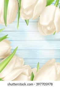 Border with white tulips on turquoise painted old wooden background. EPS 10 vector file included
