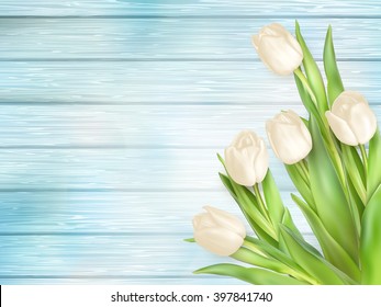 Border with white tulips on turquoise painted old wooden background. EPS 10 vector file included