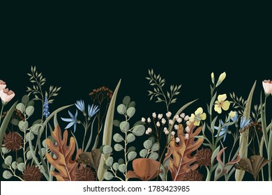 Border With Wild And Dried Flowers. Autumn Trendy Print.