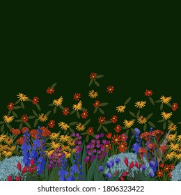 Border with wild small flowers. Textile fashion print.