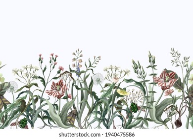 Border With Wild Thin Flowers And Insects. Trendy Botanical Print.