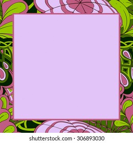 Border with zentangle floral elements in green and pink - vector