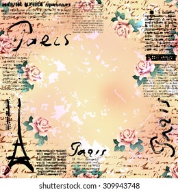 Bordered Background. Grunge vintage frame Paris in scrapbook style.